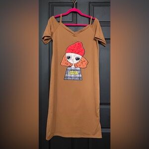 Brown Cold Shoulder Graphic T-Shirt Dress with Red Beanie Character